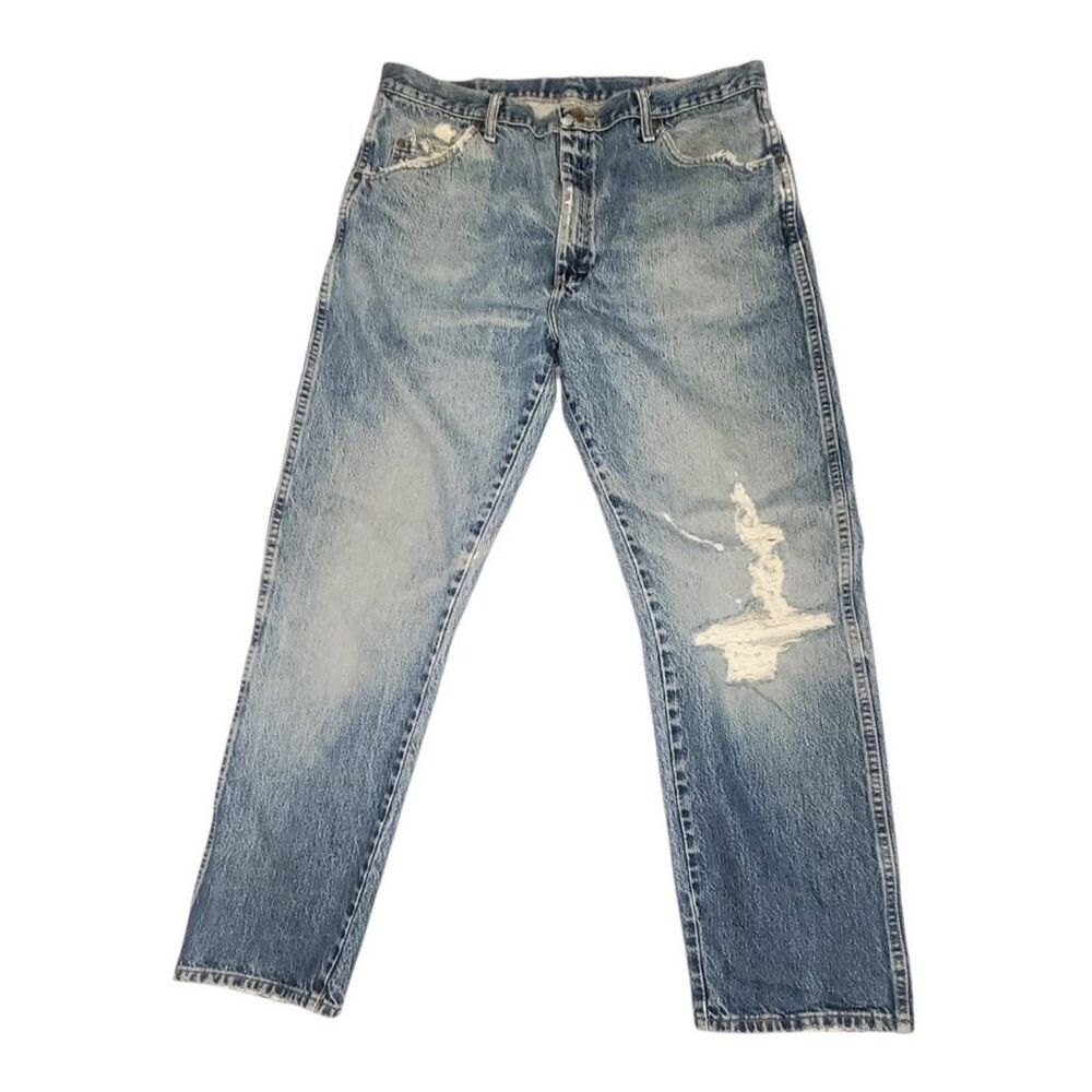 Wrangler Vintage 96501MR Jeans Mens 38x32 USA Made Distressed Light Wash 100% Co